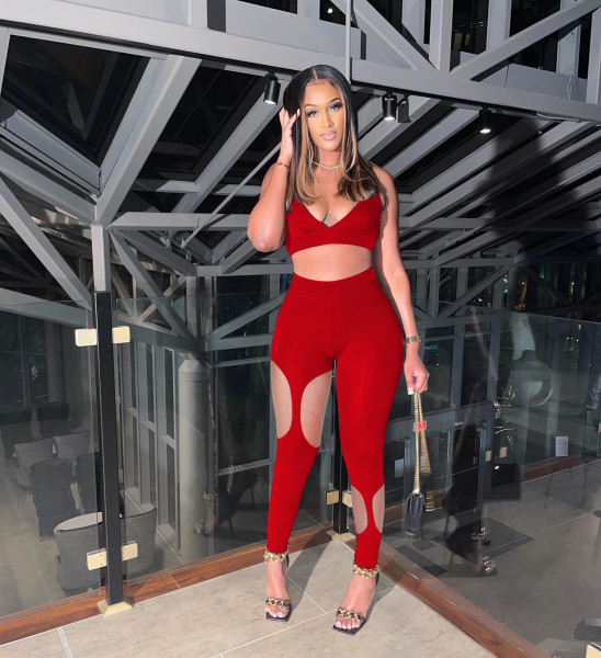 women's solid color hollow strap two piece suit