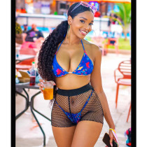 Blue Sexy Fishnet Bikini Swimsuit Three Piece
