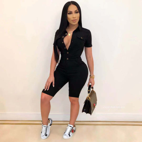 Women Fashion Button Casual Short Sleeve Solid Color Bodysuit