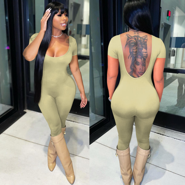 Women's Low Cut Tight Sexy Backless Casual Small Foot Jumpsuit