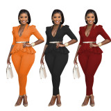 Fashion Solid Color High Shoulder Ruffle Two Piece Set Without Belt