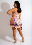 Fashion sexy tube top and eye straps irregular printed pleated skirt suit