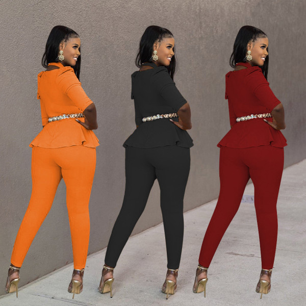 Fashion Solid Color High Shoulder Ruffle Two Piece Set Without Belt