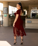 Casual pit strip solid color fringed skirt