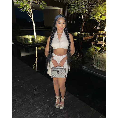 Backless Tie Collar Top High Waist Cutout Zip Shorts Set