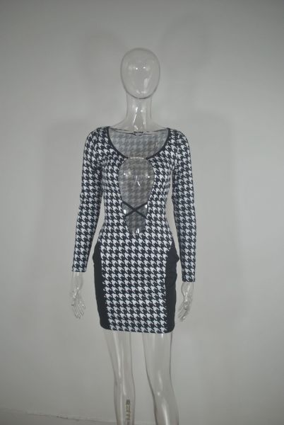 Sexy Hollow Houndstooth Nightclub Dress Irregular Hips Short Skirt
