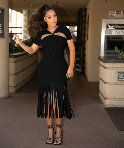 Casual pit strip solid color fringed skirt