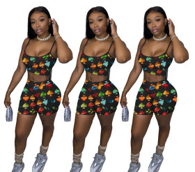 Fashion Tie Dye Heart Print Suspender Two-Piece Set