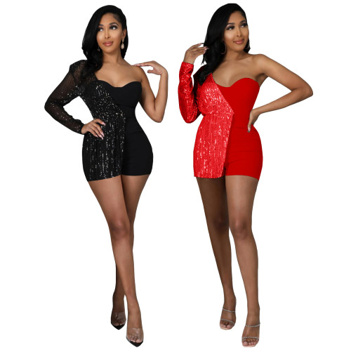 Women's sequins party half shoulder (with shoulder cotton) wrap chest (with rubber band) jumpsuit