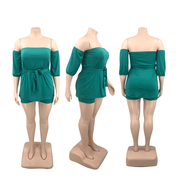 Plus Size Women's Sexy One-Shoulder Solid Color Strap Comfortable Elastic Shorts Two-Piece Set