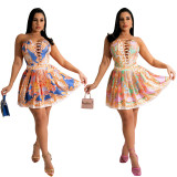 Fashion sexy tube top and eye straps irregular printed pleated skirt suit