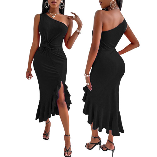 Sexy Fashion Night Slanted Shoulder Single Collar Sleeveless Women's Dress