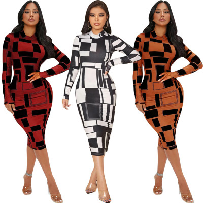 Sexy Fashion Digital Print Long Sleeve Women's One Piece Dress