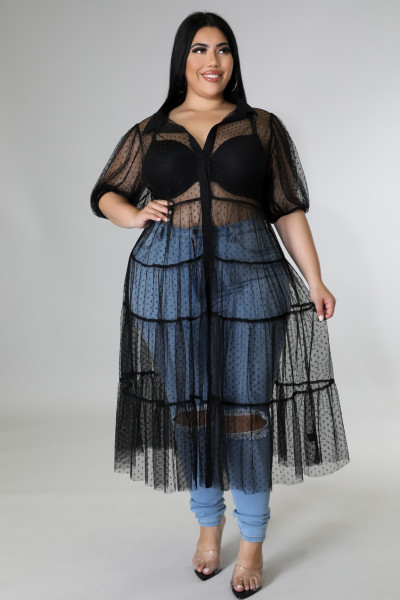 Plus Size Women's Polka Dot Mesh Crinkle Top Casual Dress