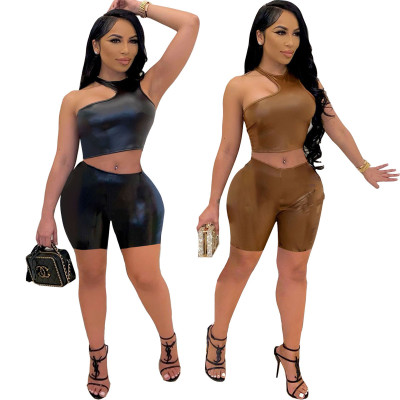 Women's PU Faux Leather Tank Top Shorts Two-Piece Set