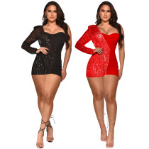 Women's sequins party half shoulder (with shoulder cotton) wrap chest (with rubber band) jumpsuit