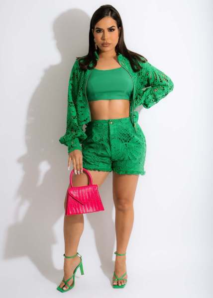 Ladies Summer Lantern Sleeve Lace Jacket + Shorts
