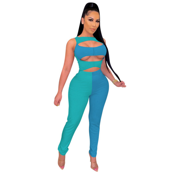 High elastic hollow two-piece color matching fashion personality suit