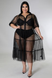 Plus Size Women's Polka Dot Mesh Crinkle Top Casual Dress