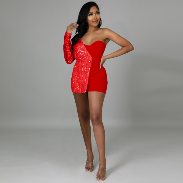Women's sequins party half shoulder (with shoulder cotton) wrap chest (with rubber band) jumpsuit