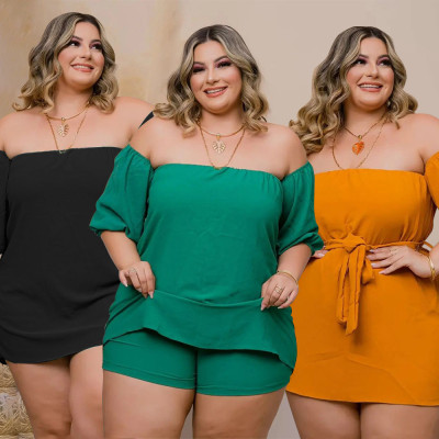 Plus Size Women's Sexy One-Shoulder Solid Color Strap Comfortable Elastic Shorts Two-Piece Set