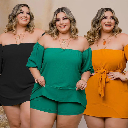 Plus Size Women's Sexy One-Shoulder Solid Color Strap Comfortable Elastic Shorts Two-Piece Set