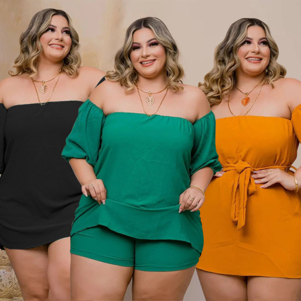 Plus Size Women's Sexy One-Shoulder Solid Color Strap Comfortable Elastic Shorts Two-Piece Set