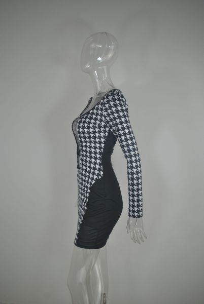 Sexy Hollow Houndstooth Nightclub Dress Irregular Hips Short Skirt