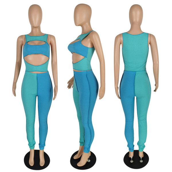 High elastic hollow two-piece color matching fashion personality suit