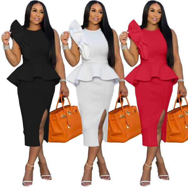 Casual Skinny Ruffle Solid High Stretch Dress