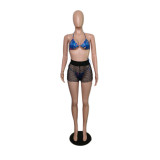 Blue Sexy Fishnet Bikini Swimsuit Three Piece