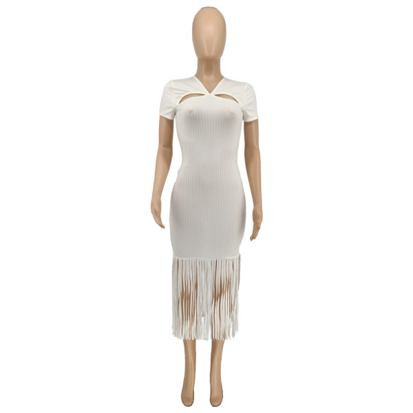 Casual pit strip solid color fringed skirt