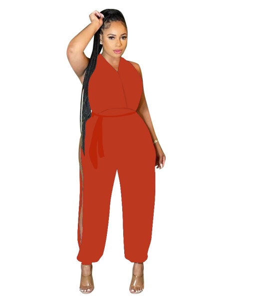 halterneck backless lace-up slit casual jumpsuit