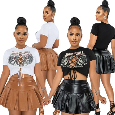Printed T-Shirt Pleated Leather Skirt Two Piece Set