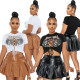 Printed T-Shirt Pleated Leather Skirt Two Piece Set