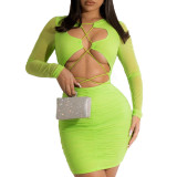 solid color mesh openwork dress