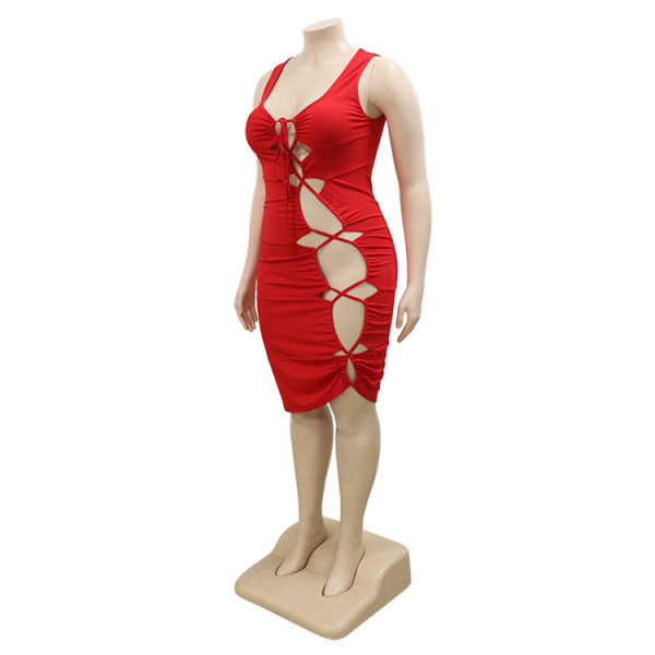 Women's Medium Anti-Strip Solid Color Lace Side Slit Strap Hollow Large Size Dress Women