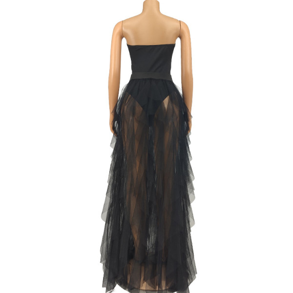 Two-piece sexy dress dress fat sister black solid color mesh
