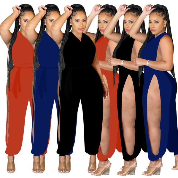 halterneck backless lace-up slit casual jumpsuit