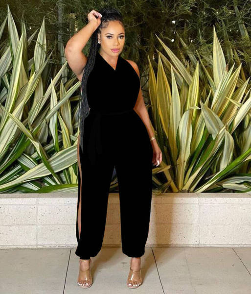 halterneck backless lace-up slit casual jumpsuit