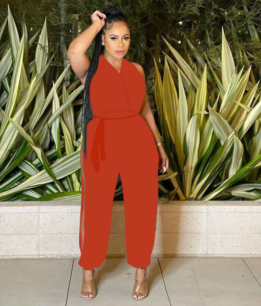 halterneck backless lace-up slit casual jumpsuit