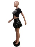 Printed T-Shirt Pleated Leather Skirt Two Piece Set