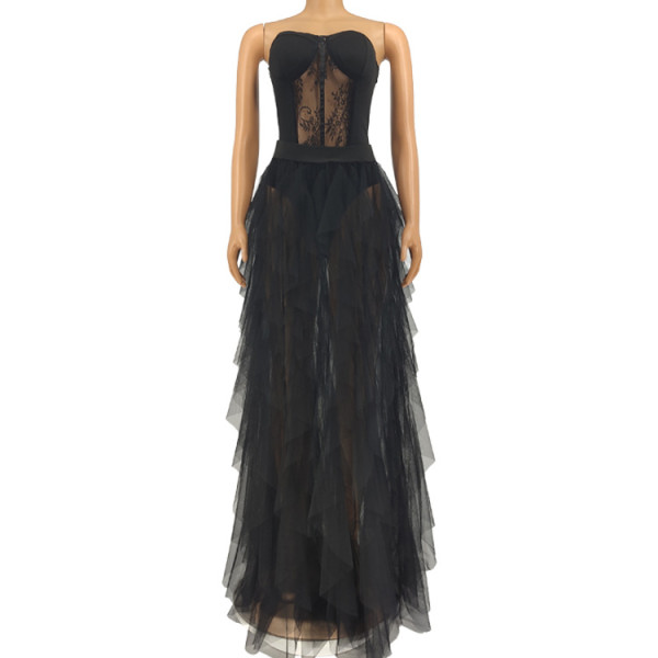 Two-piece sexy dress dress fat sister black solid color mesh