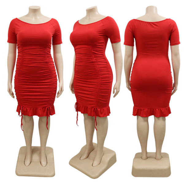 Pleated skirt sweet solid color one word neck milk silk large size loose dress