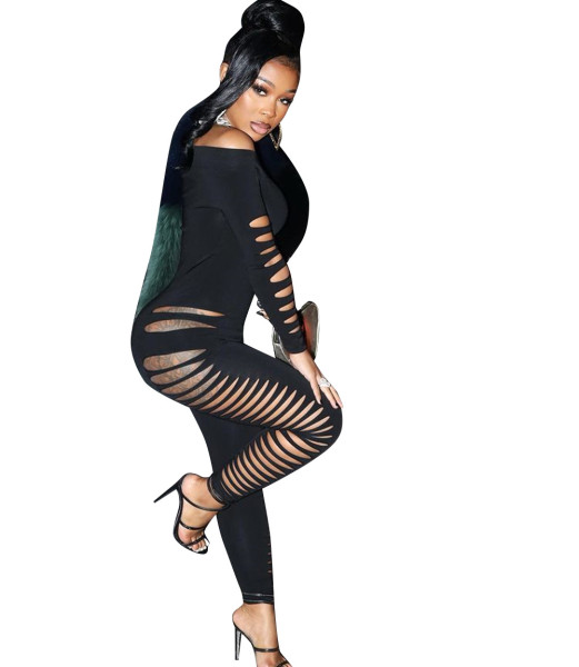 Fashion Casual Jumpsuit Straight Neck Ripped Jumpsuit