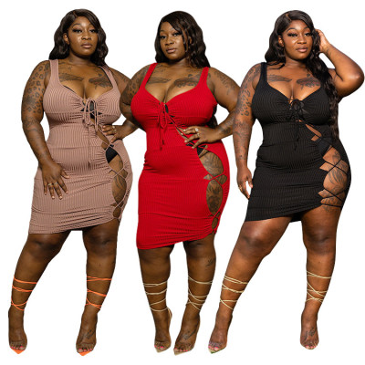 Women's Medium Anti-Strip Solid Color Lace Side Slit Strap Hollow Large Size Dress Women