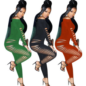 Fashion Casual Jumpsuit Straight Neck Ripped Jumpsuit