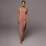 Korean velvet solid color long dress with suspenders