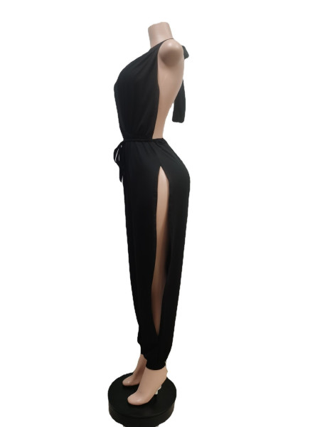 halterneck backless lace-up slit casual jumpsuit