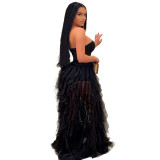 Two-piece sexy dress dress fat sister black solid color mesh